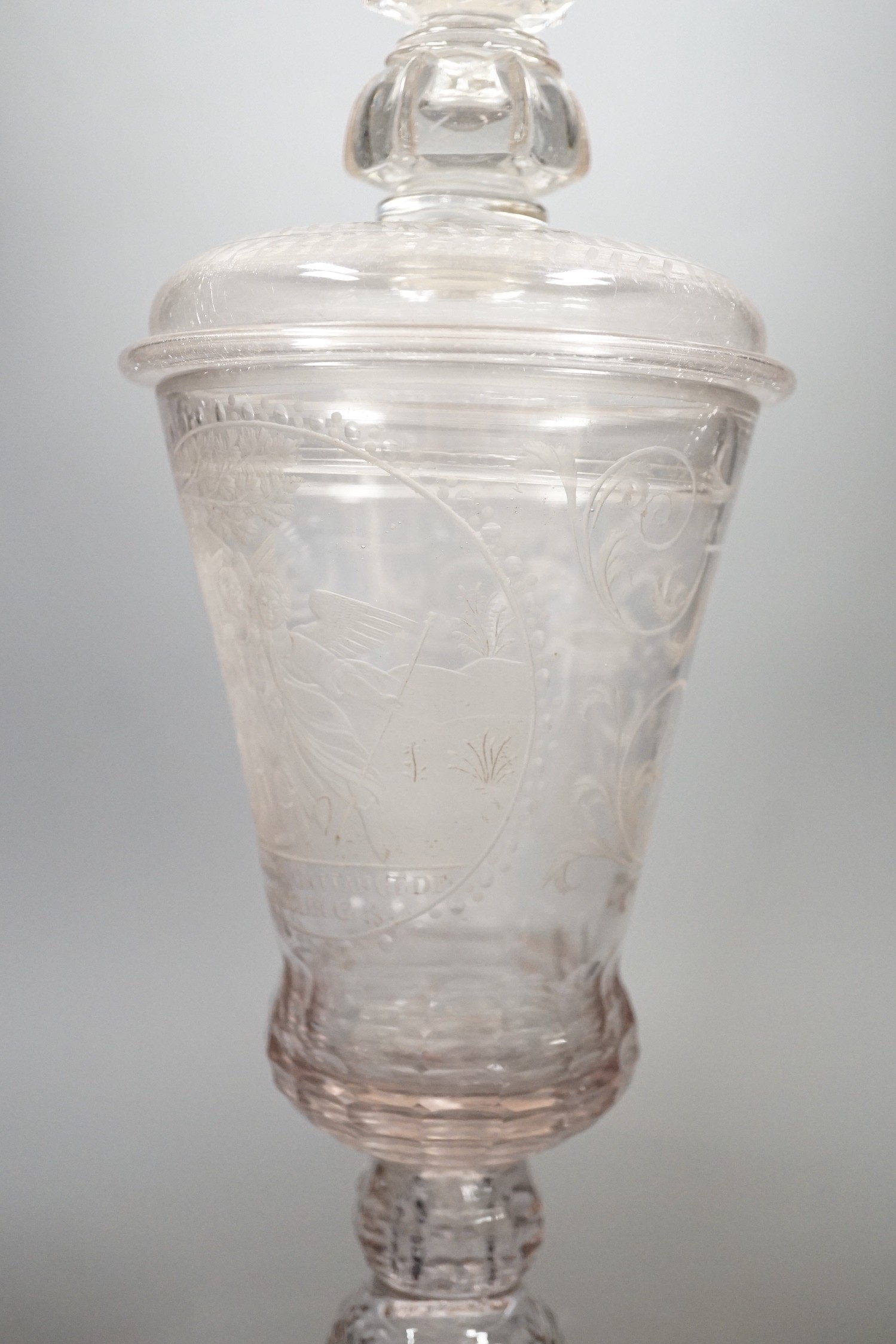 A large 18th century Bohemian goblet and cover, engraved with the angels visiting Abraham, 40cms high